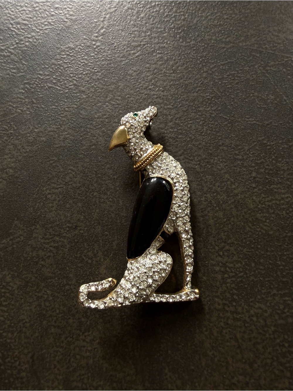 Art Deco Pave Rhinestone Dog Brooch with Black Enamel Detail and Emerald Eye